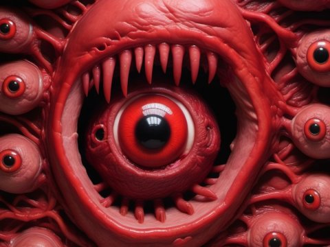 Surreal Red Eye Monster with Multiple Eyes and Teeth