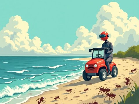 Surreal Scene of a Robot Driving a Small Vehicle on a Beach with Giant Ants