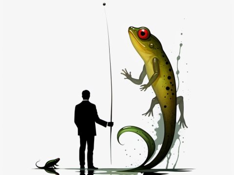 Surreal Scene of Man Fishing a Giant Frog