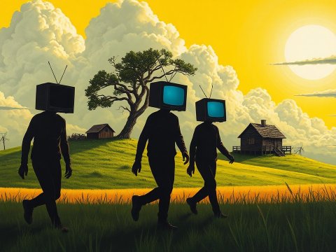 Surreal Scene of People with TV Heads in a Sunny Countryside