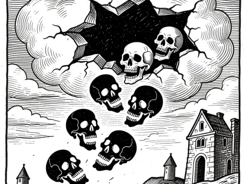 Surreal Scene of Skulls Falling from a Torn Sky