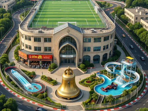Surreal School with Rooftop Soccer Field and Waterpark
