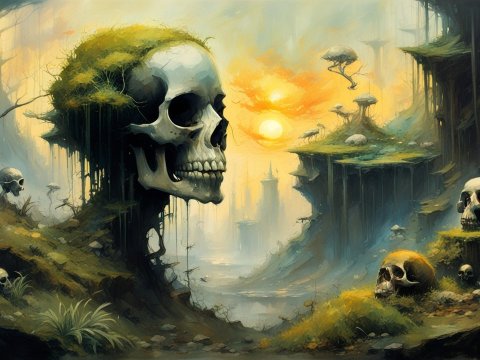 Surreal Skull Ecosystem in a Mystical Landscape
