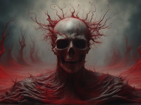 Surreal Skull with Twisted Red Branches in Dark Landscape