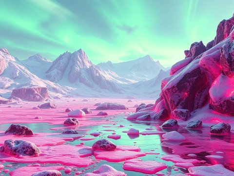 Surreal Snowy Landscape with Vibrant Pink and Green Lighting