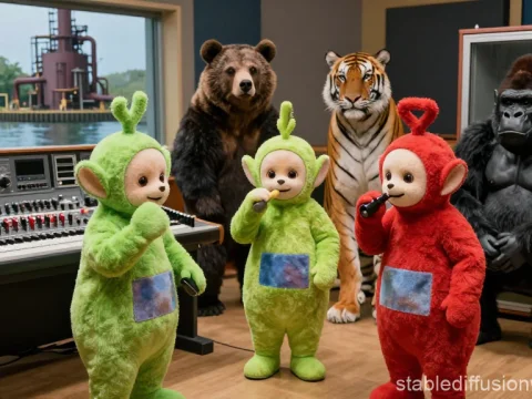 Surreal Studio Scene with Teletubby-like Characters and Wild Animals