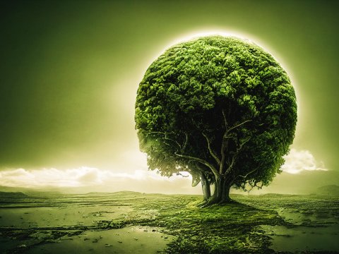 Surreal Tree with Human Face Silhouette in Fantasy Landscape
