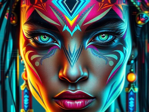 Surreal Tribal Portrait with Neon Geometric Patterns