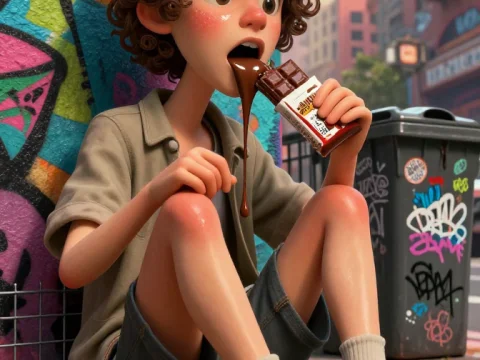 Surreal Urban Scene of Boy Melting Chocolate Bar