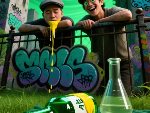 Surreal Urban Scene with Flowing Paint and Hypnotic Sky