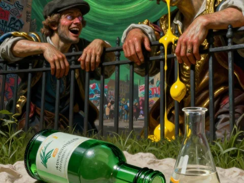 Surreal Urban Scene with Two Men and Melting Yellow Substance