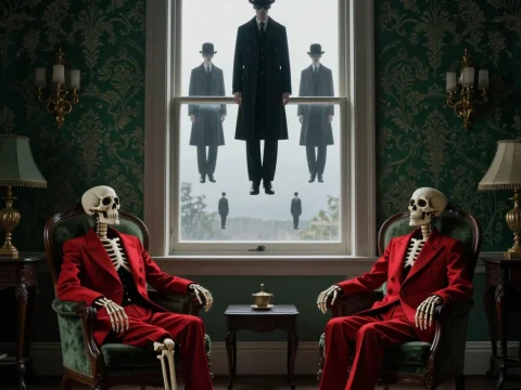 Surreal Victorian Room with Skeletons and Floating Men in Bowler Hats