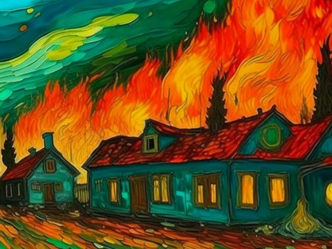Surreal Village Houses Amid Fiery Sky