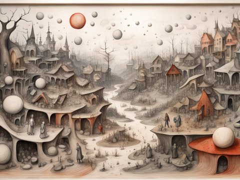 Surreal Village with Floating Spheres and Twisted Architecture