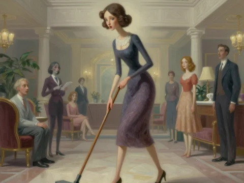 Surreal Woman Sweeping in Elegant Vintage Interior