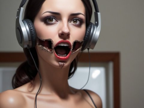 Surreal Woman with Torn Mouth Wearing Headphones