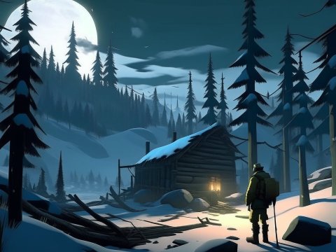 Survivor Approaching Cabin in Snowy Forest at Night