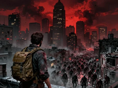 Survivor Facing Zombie Horde in Apocalyptic Cityscape