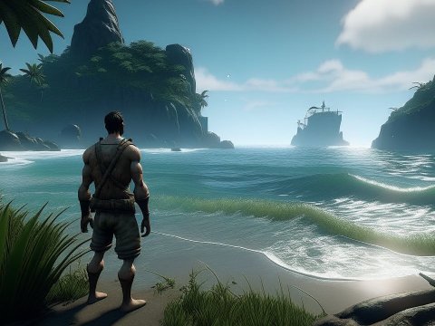 Survivor Man Gazing at Shipwreck on Tropical Island Shore