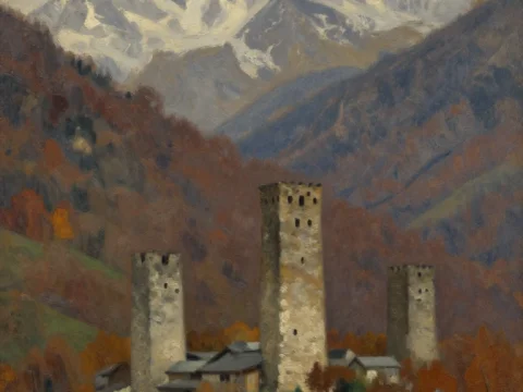 Svan Village with Medieval Towers and Snowy Mountain