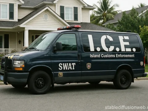 SWAT Van of Island Customs Enforcement in Suburban Neighborhood