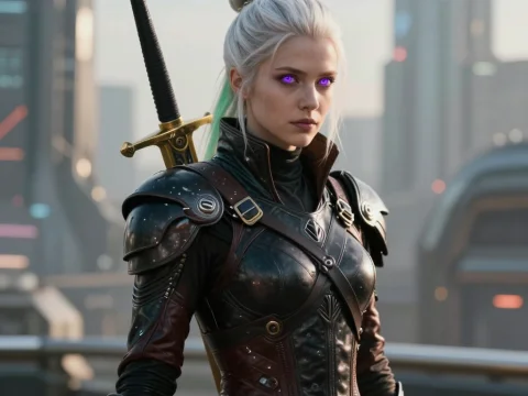 Swedish Cyberpunk Assassin with Glowing Purple Eyes