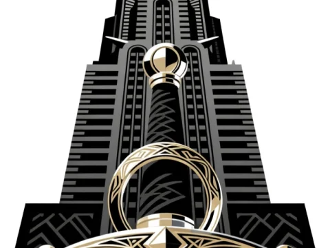 Sword Hilt in Front of Art Deco Skyscraper