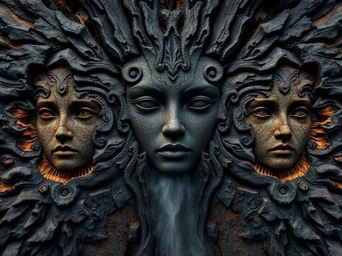 Symmetrical Stone Faces Carved in Dark Textured Relief