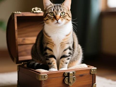 Tabby Cat Sitting Inside a Wooden Chest