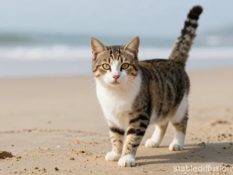 Tabby Cat Walking on Sandy Beach