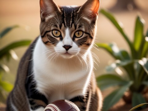 Tabby Cat with Vintage Baseball in Garden