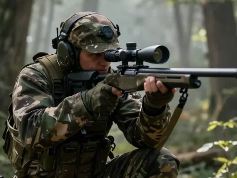 Tactical Sniper in Camouflage Gear Aiming in Forest
