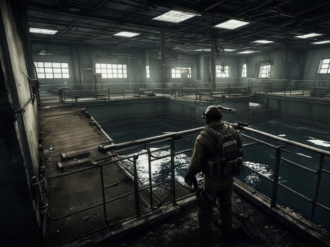 Tactical Soldier in Industrial Indoor Pool Area