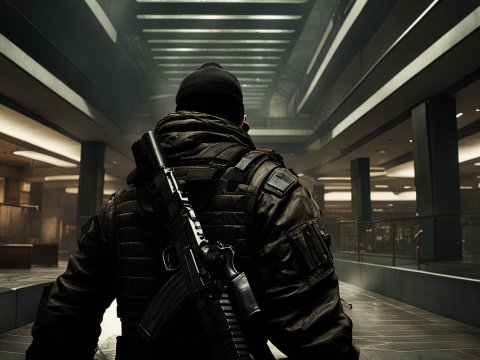 Tactical Soldier in Modern Industrial Interior