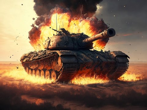 Tank Explosion with Fiery Flames in Battlefield