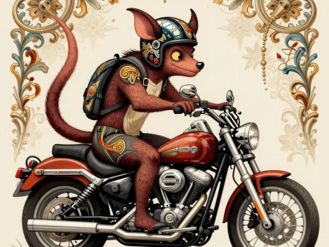 Tasmanian Devil Riding a Classic Motorcycle with Ornate Frame