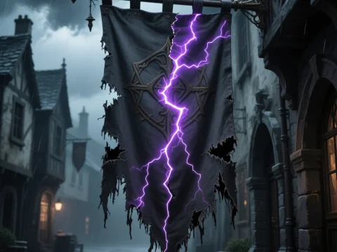 Tattered Banner with Violet Lightning in Rainy Medieval Street