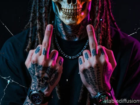 Tattooed Hands with Middle Fingers Raised and Skull Mask