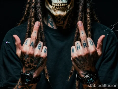 Tattooed Hands with Middle Fingers Raised in Dark Setting