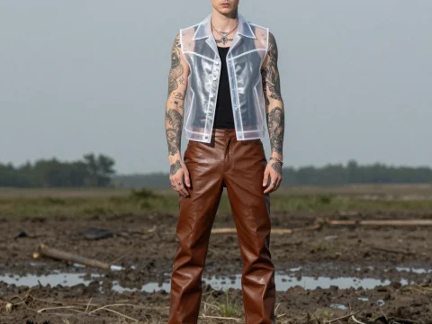 Tattooed Man in Transparent Vest and Leather Pants in Muddy Field