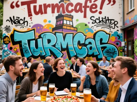 Teachers Enjoying Pizza and Beer at Turmcafé After Conference