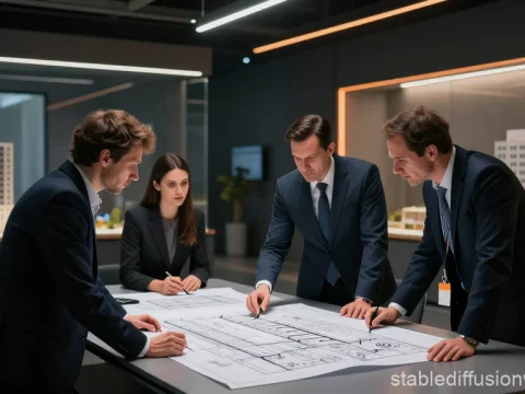 Team of Engineers Collaborating on Architectural Blueprints