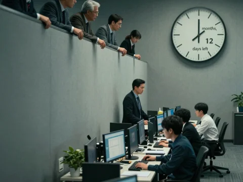 Team Working Behind Office Wall with Countdown Clock