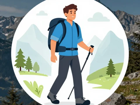 Tech-Savvy Hiker in Mountain Landscape Illustration