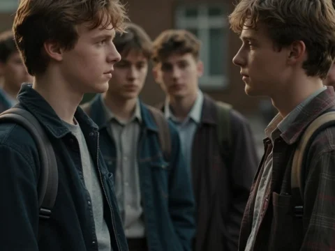 Teen Boys Facing Each Other in Schoolyard