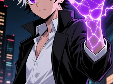 Teenager with Glowing Violet Energy in Urban Night