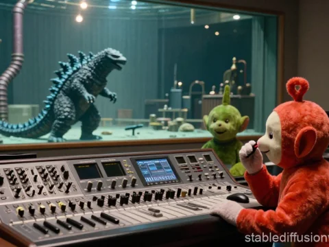 Teletubbies in a Studio with Godzilla Model