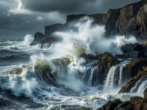 Tempestuous Waves Crashing Against Rocky Cliffside