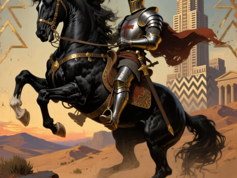 Templar Knight on Warhorse in a Desert Cityscape