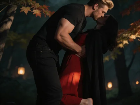 Tender Kiss in a Moonlit Forest